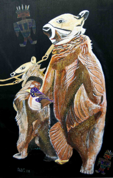 BÄREN UND KATSINAS</br>Mischtechnik auf Leinwand, 120 x 80 cm, 2008