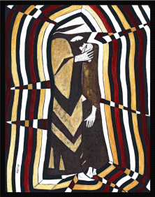 ZUSAMMEN IN EINEM ALTEN TIBETTEPPICH</br>Mischtechnik auf Leinwand, 90 x 70 cm, 2007
