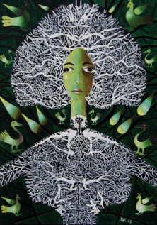 BESCHÜTZERIN DER VÖGEL</br>Mischtechnik auf Leinwand, 140 x 100 cm, 2009